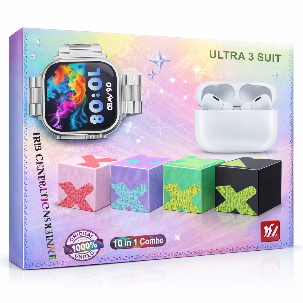 Pack Combo Smartwatch Ultra 3 – Conjunto Sem Fios 10-em-1 com Auriculares e Mini Colunas Bluetooth (IT0158)