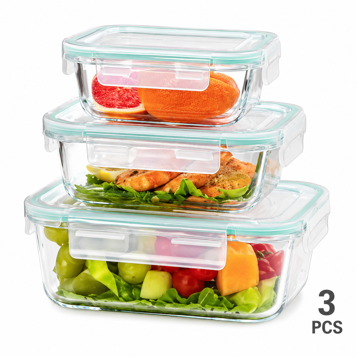 Conjunto de Recipientes de Vidro Premium para Alimentos – 3 Taças de Vidro Herméticas-AYD256-338