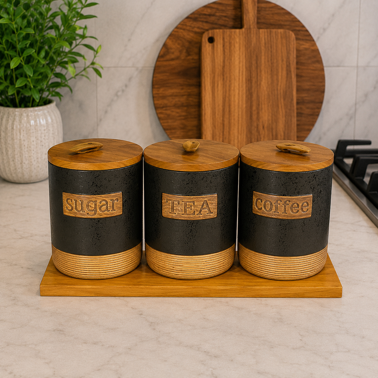 3 Pcs Ceramic & Bamboo Kitchen Canister Set