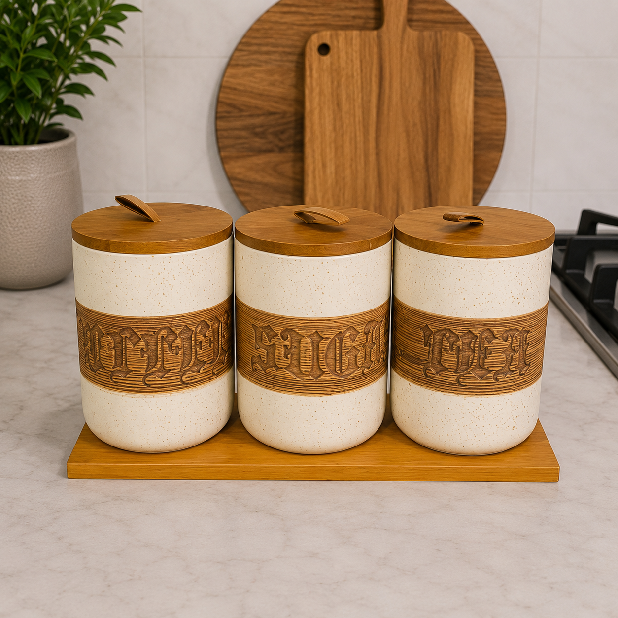 Lianqing 3-Piece Ceramic Canister Set with Wooden Stand