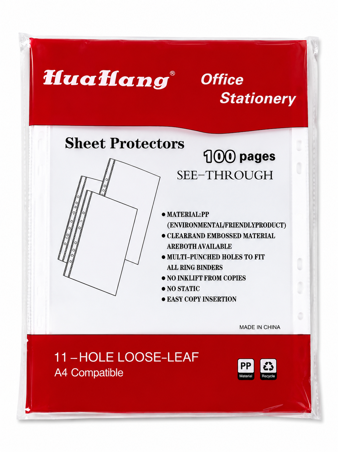 Protetores de Folhas Transparentes A4 HuaHuang – Pacote de 100