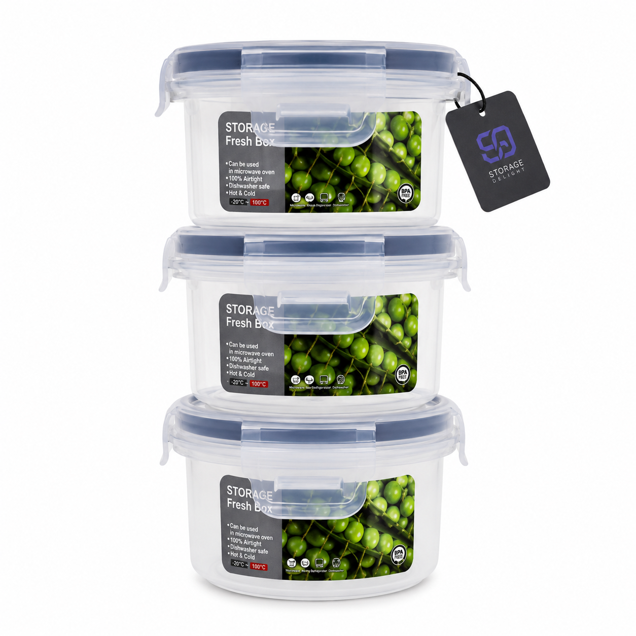 Conjunto de Recipientes Herméticos Premium para Alimentos – 3 Caixas Empilháveis para Frescura