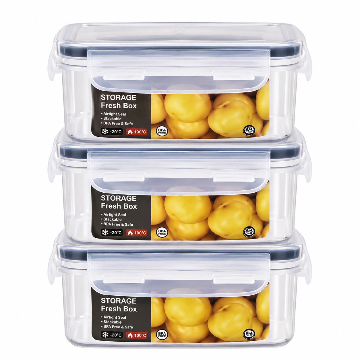 Conjunto de Recipientes Herméticos Premium para Alimentos – Caixas Retangulares Frescas de 3 Peças