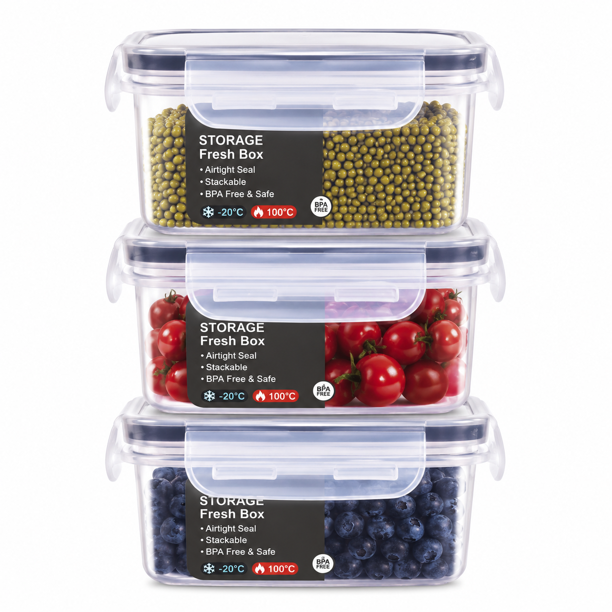 Conjunto de Caixas Herméticas Retangulares Premium para Alimentos – 3 Recipientes de Conservação de Frescura
