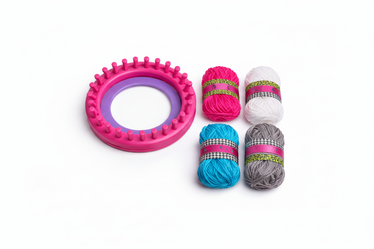 Knitting loom set with yarn and accessories on a white background