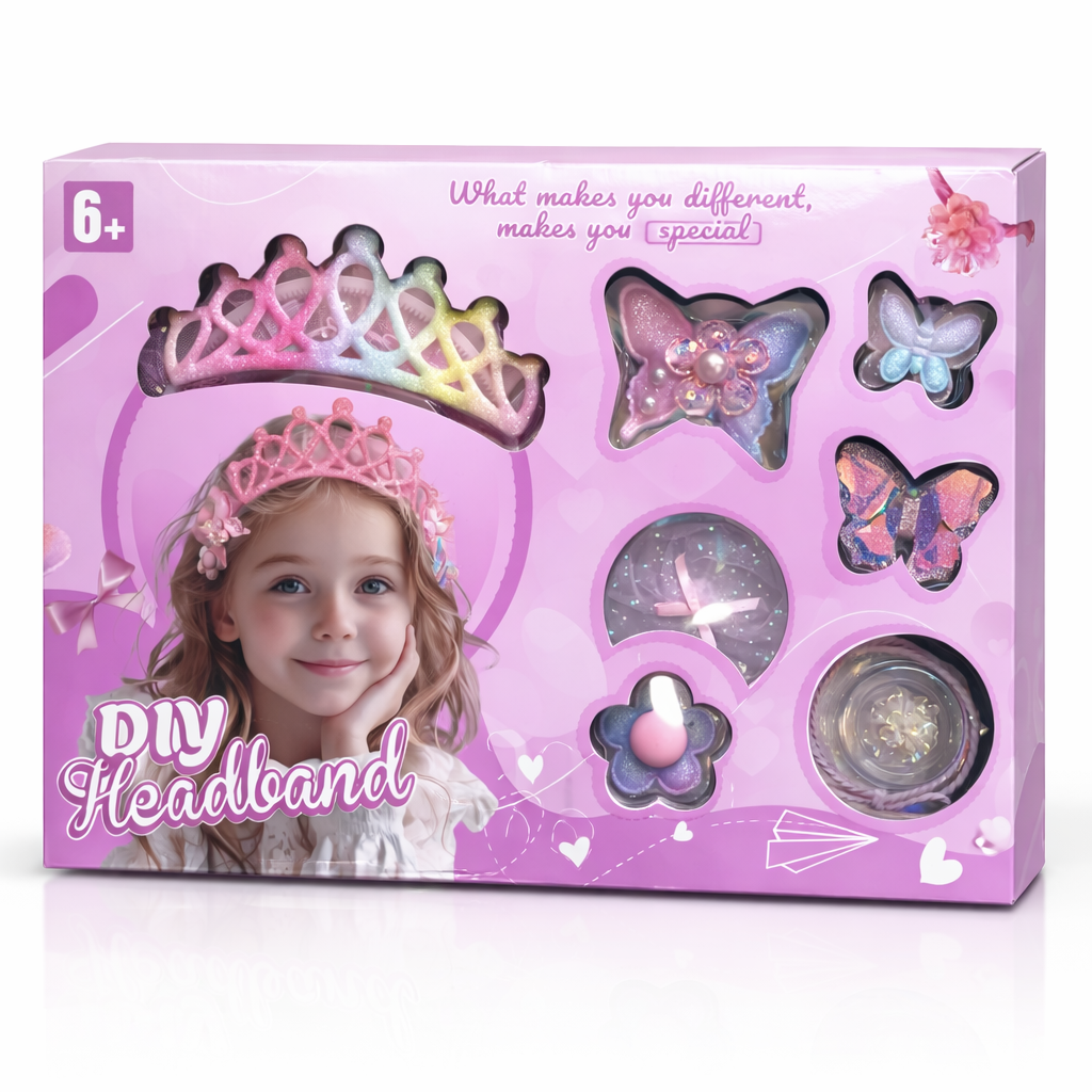 Box of a DIY headband kit with a girl wearing a tiara and butterflies on a pink background
