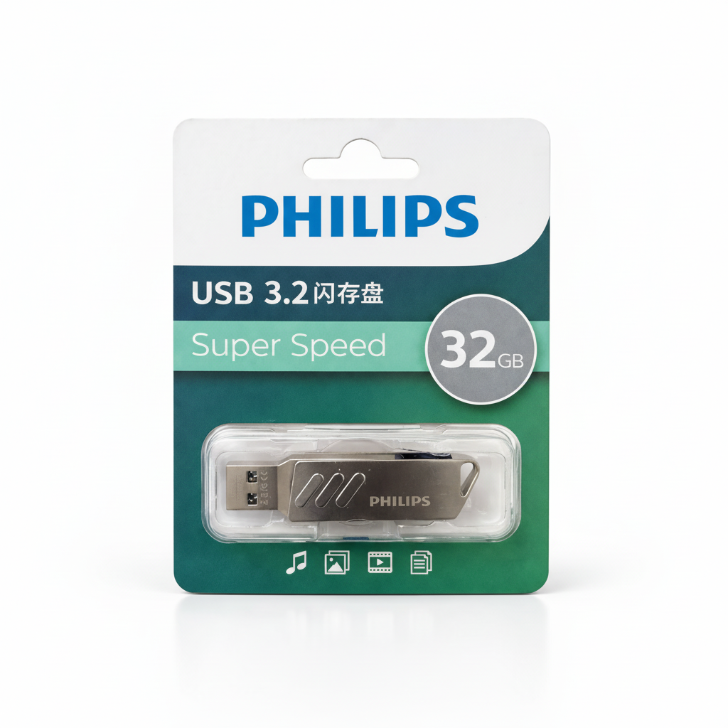 Philips USB 3.2 flash drive packaging with 32GB label on a white background