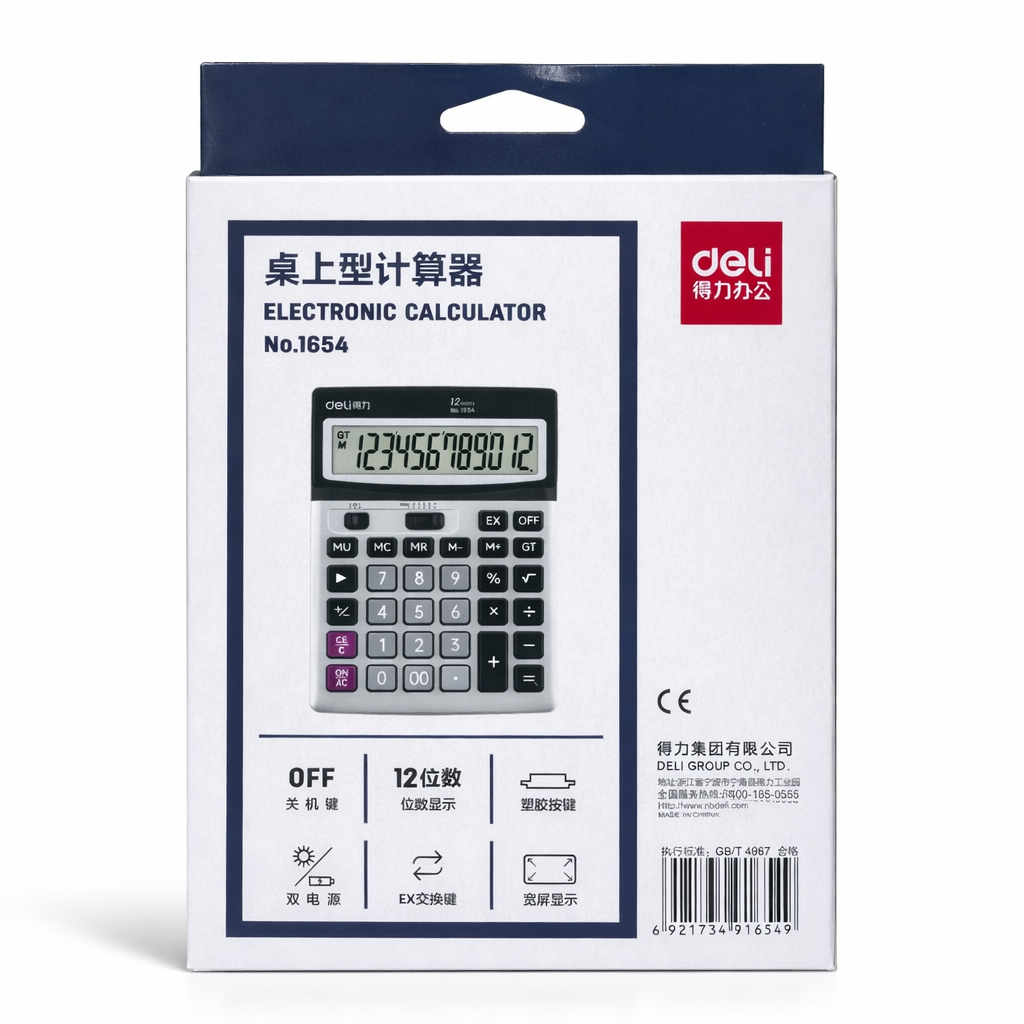 Calculadora Eletrónica Deli n.º 1654 – Calculadora de Secretária de 12 Dígitos com Ecrã Grande (AYC151-47)