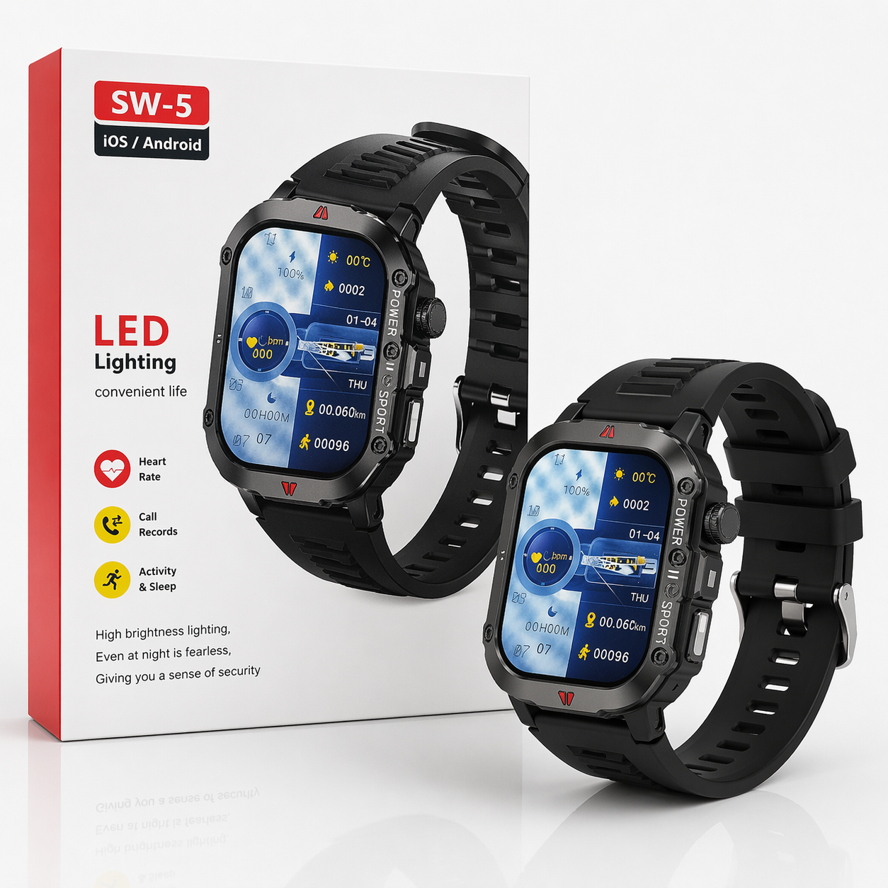 Smartwatch Resistente SW-5 com Iluminação LED e Monitorização de Atividade Física (Compatível com iOS e Android) (IT0141)