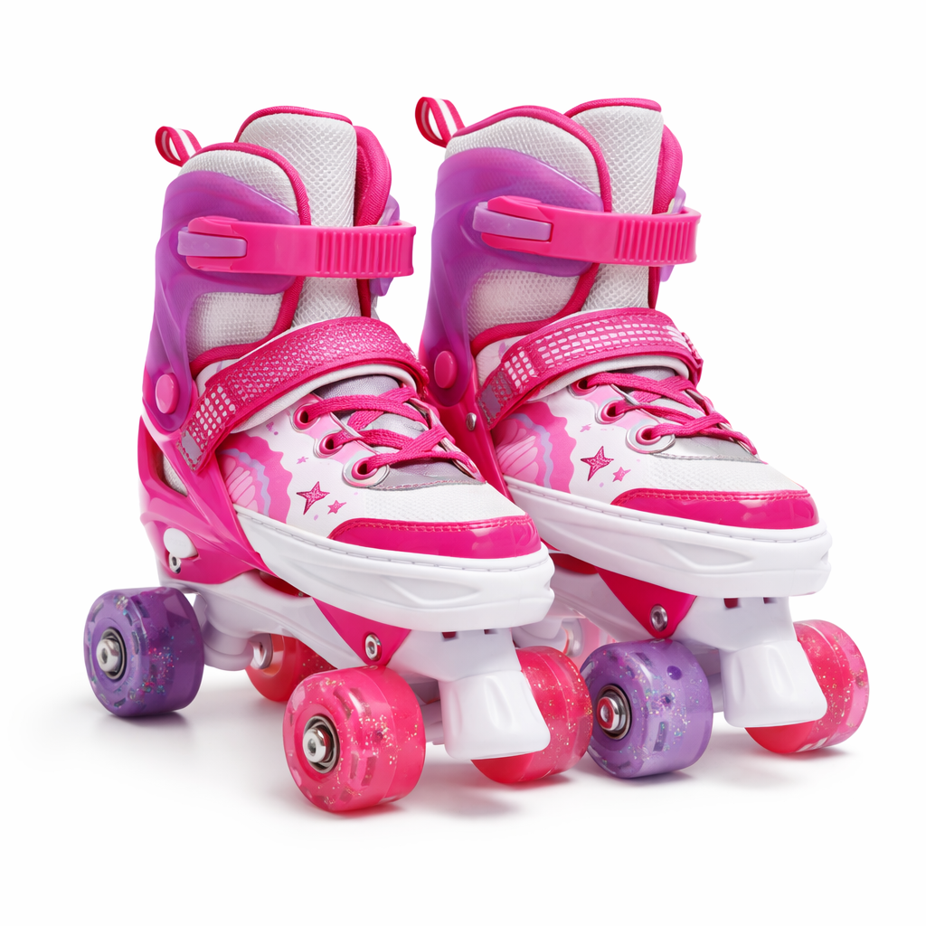 Patins Ajustáveis para Crianças – Patins de Quatro Rodas Cor-de-Rosa e Brancos