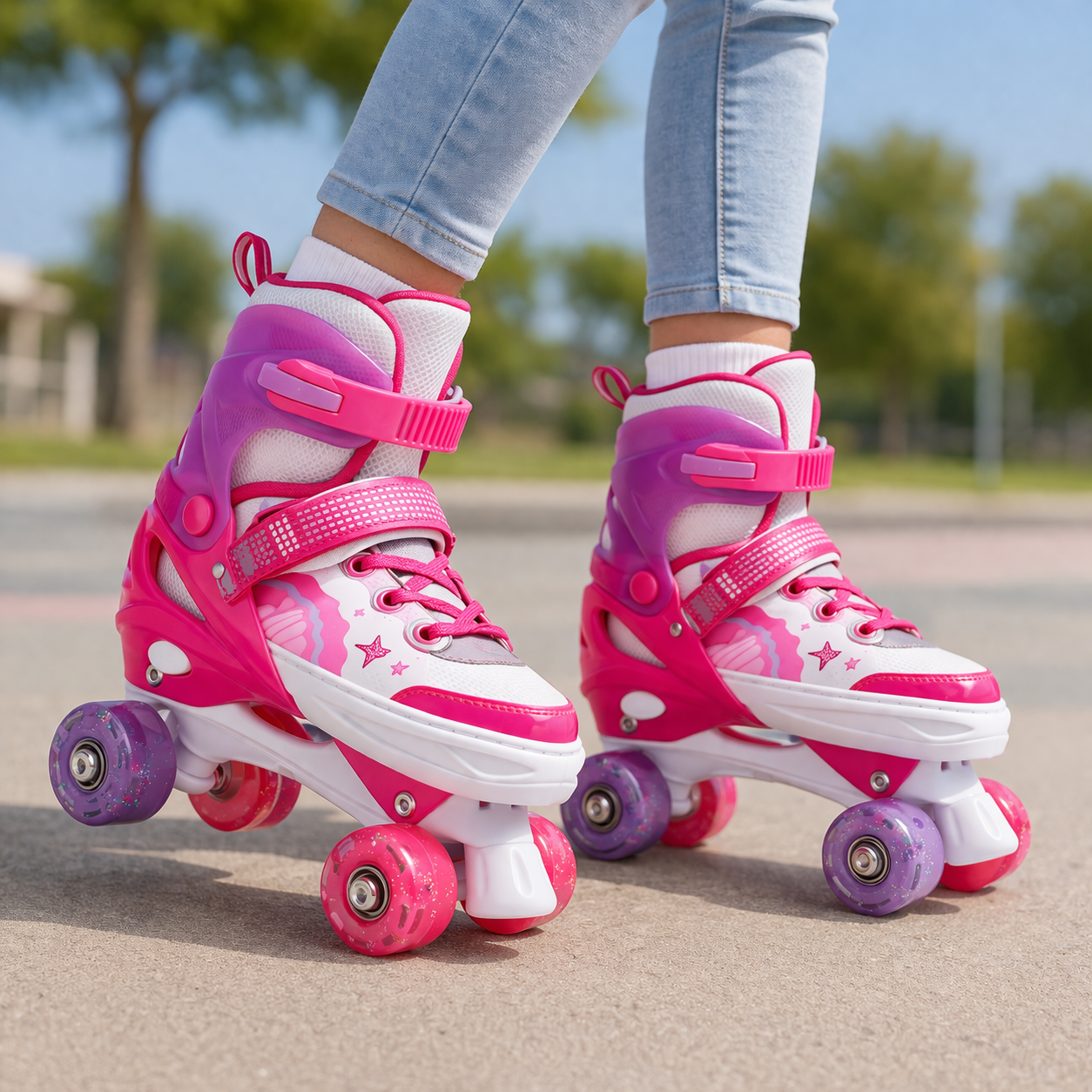 Patins Ajustáveis para Crianças – Patins de Quatro Rodas Cor-de-Rosa e Brancos