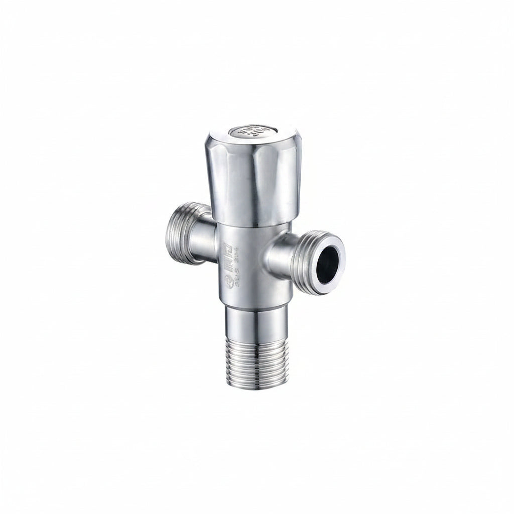 A polished chrome T-shaped angle valve with a threaded male connection at the bottom and two threaded female connections on the sides, shown on a white background.