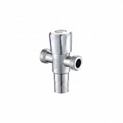 A polished chrome T-shaped angle valve with a threaded male connection at the bottom and two threaded female connections on the sides, shown on a white background.