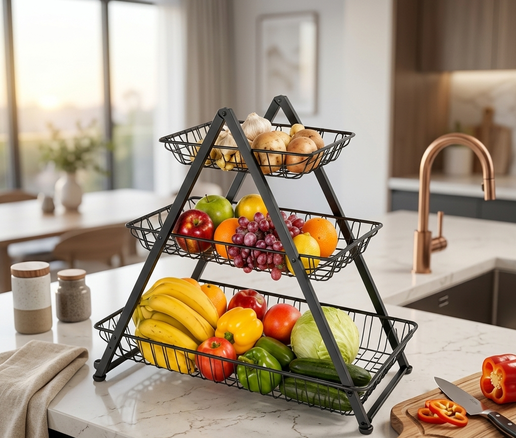 Prateleira Dobrável de 3 Níveis para Frutas e Vegetais – Organizador de Cozinha Multiusos-AYD314-10