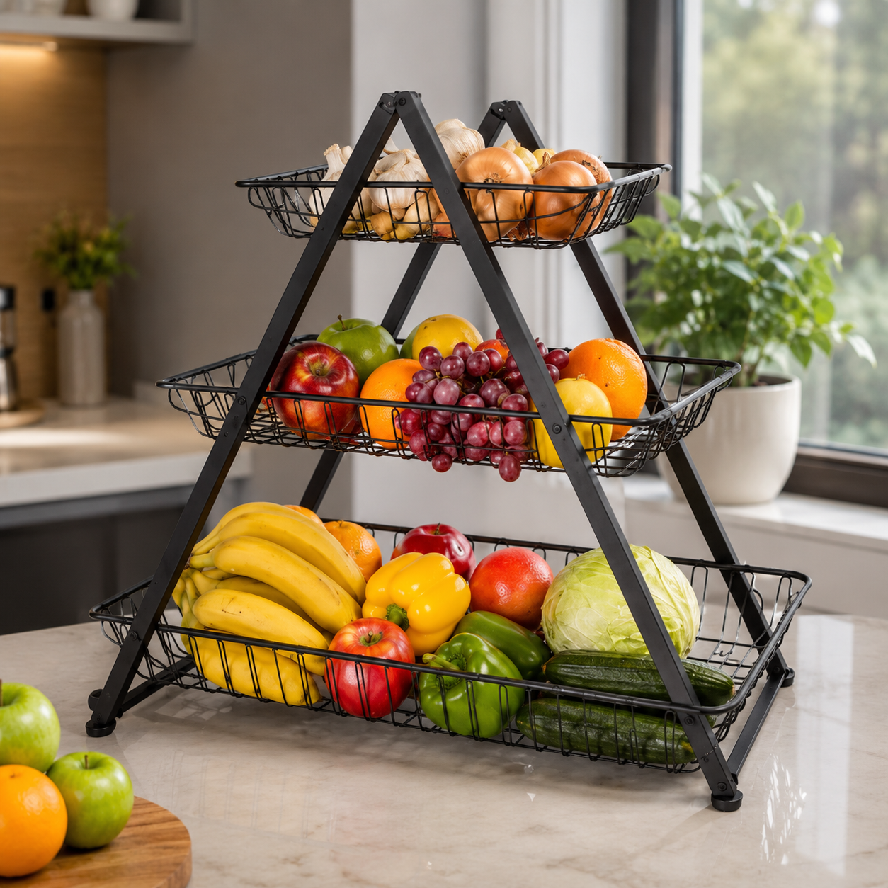 Prateleira Dobrável de 3 Níveis para Frutas e Vegetais – Organizador de Cozinha Multiusos-AYD314-10