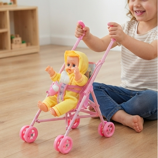Meu Primeiro Passeio: Kit Boneca Bebé e Carrinho Rosa - (AYC169-65)