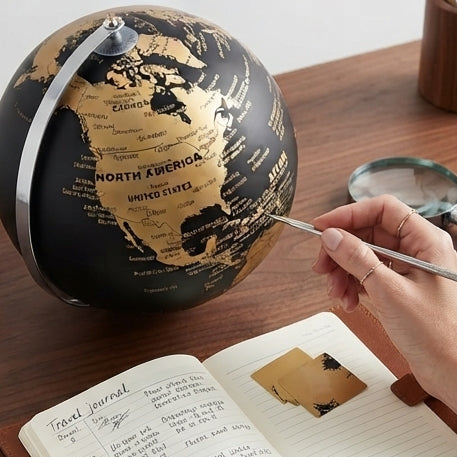 O Mundo em Tons de Ouro: Globo Terrestre Decorativo com Base Cromada - (AYC329-7)
