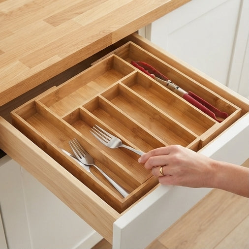 Organizador de Talheres Extensível em Bambu: Ajuste Perfeito e Gavetas Sempre Organizadas - (AYD305-67)