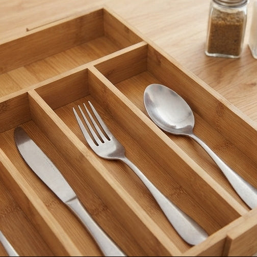 Organizador de Talheres Extensível em Bambu: Ajuste Perfeito e Gavetas Sempre Organizadas - (AYD305-67)