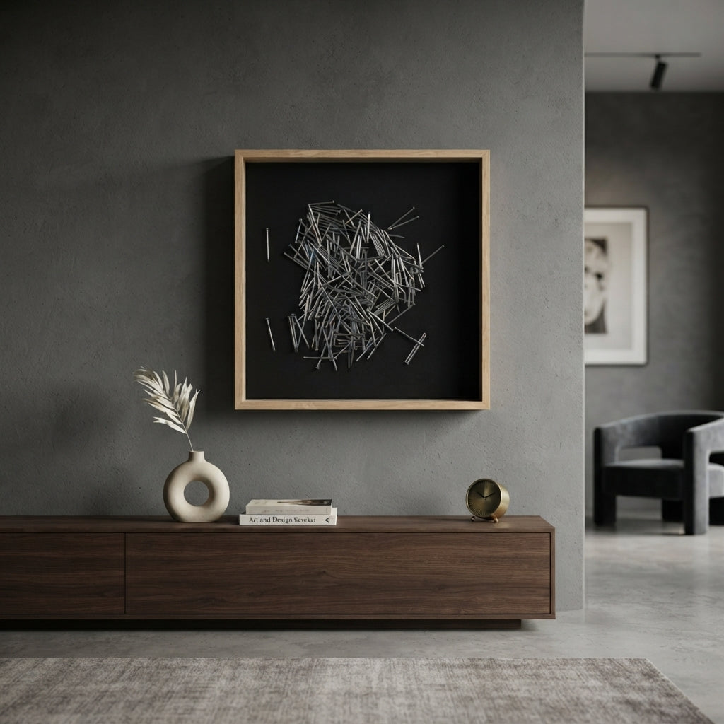 Sculptural Picture 'Industrial Art', 40/40cm: Three-Dimensional Relief Composition with Steel Nails and Dark Background - (AYD313-7)