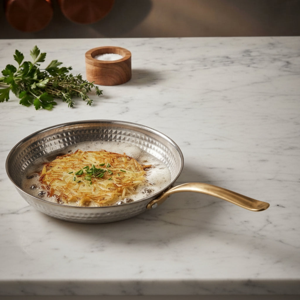Compact Stainless Steel Frying Pan 20cm: Daily Practicality, Hammered Design and Exclusive Golden Handle - (AYD352-4)