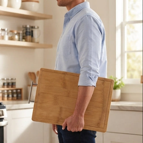 Tábua de Cozinha Compacta em Bambu Natural, 40*30 com Pega em Aço Inoxidável - (AYD305-47)