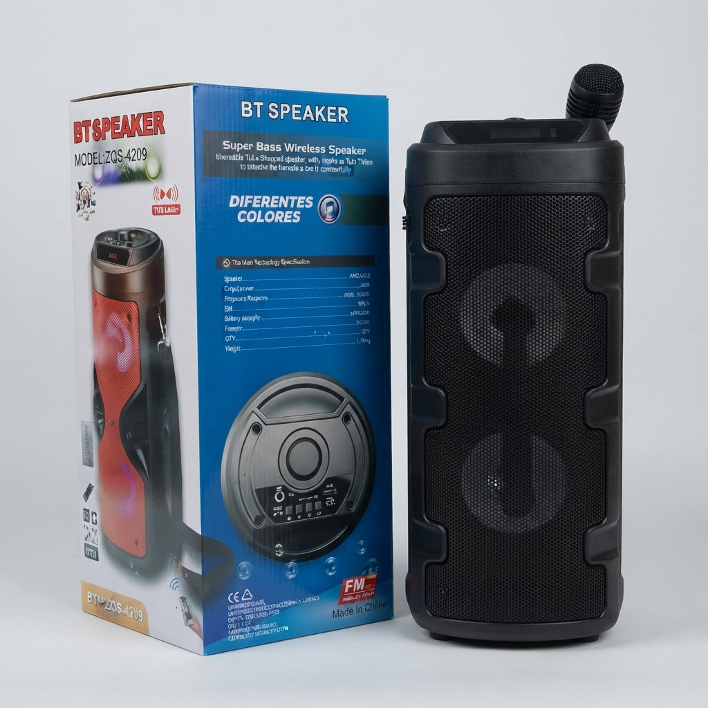 Coluna Bluetooth BT Speaker ZQS-4209: Super Bass, Rádio FM e Kit de Karaoke Completo para Animar as Suas Festas - (AYC341-4)