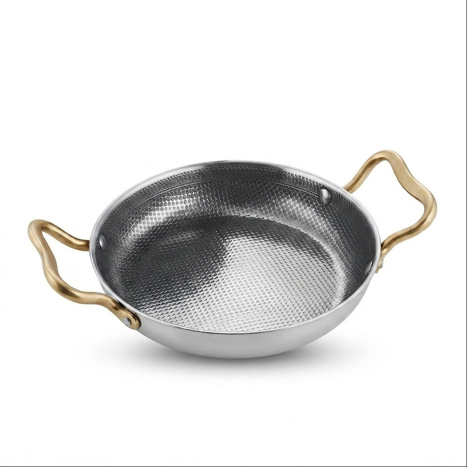 Mini Frigideira Gourmet 18cm: Sofisticação em Aço Martelado e Detalhes Dourados - (AYD241-38)