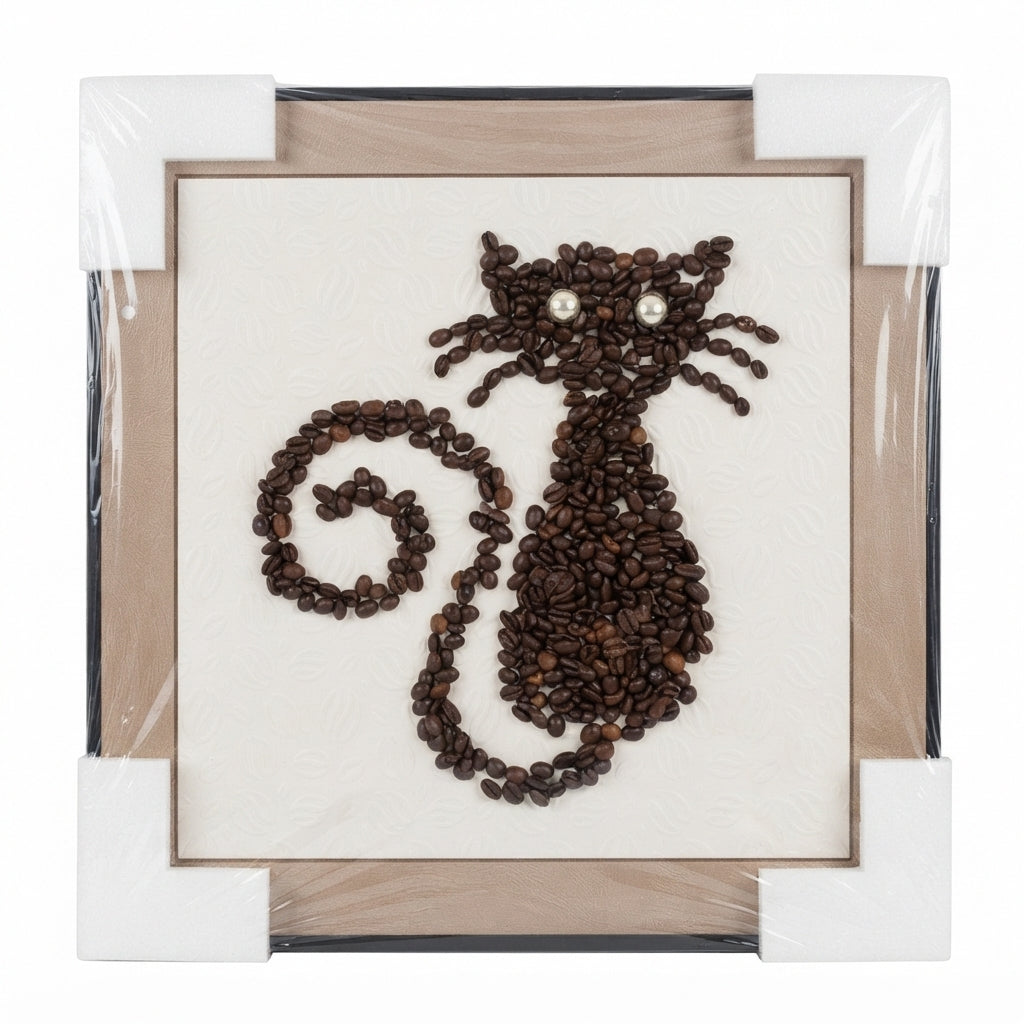 Quadro Decorativo 'Gato de Café', 40/40cm: Arte Rústica Exclusiva com Grãos Naturais para Dar Aconchego ao Ambiente - (AYD313-5)