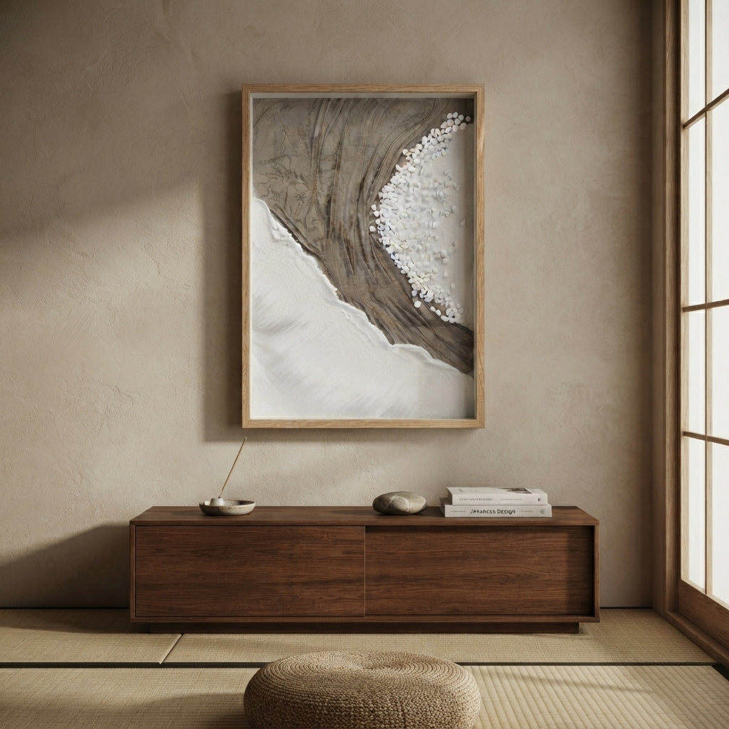 Abstract Painting 'Natural Landscape', 40/60cm: Organic Textures, White Stones and Sophisticated Embossed Design - (AYD313-6)