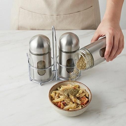 Elegância à Mesa: Conjunto de Galheteiros em Aço Inox e Vidro com Suporte - (AYD236-43)