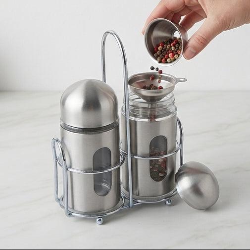 Elegância à Mesa: Conjunto de Galheteiros em Aço Inox e Vidro com Suporte - (AYD236-43)