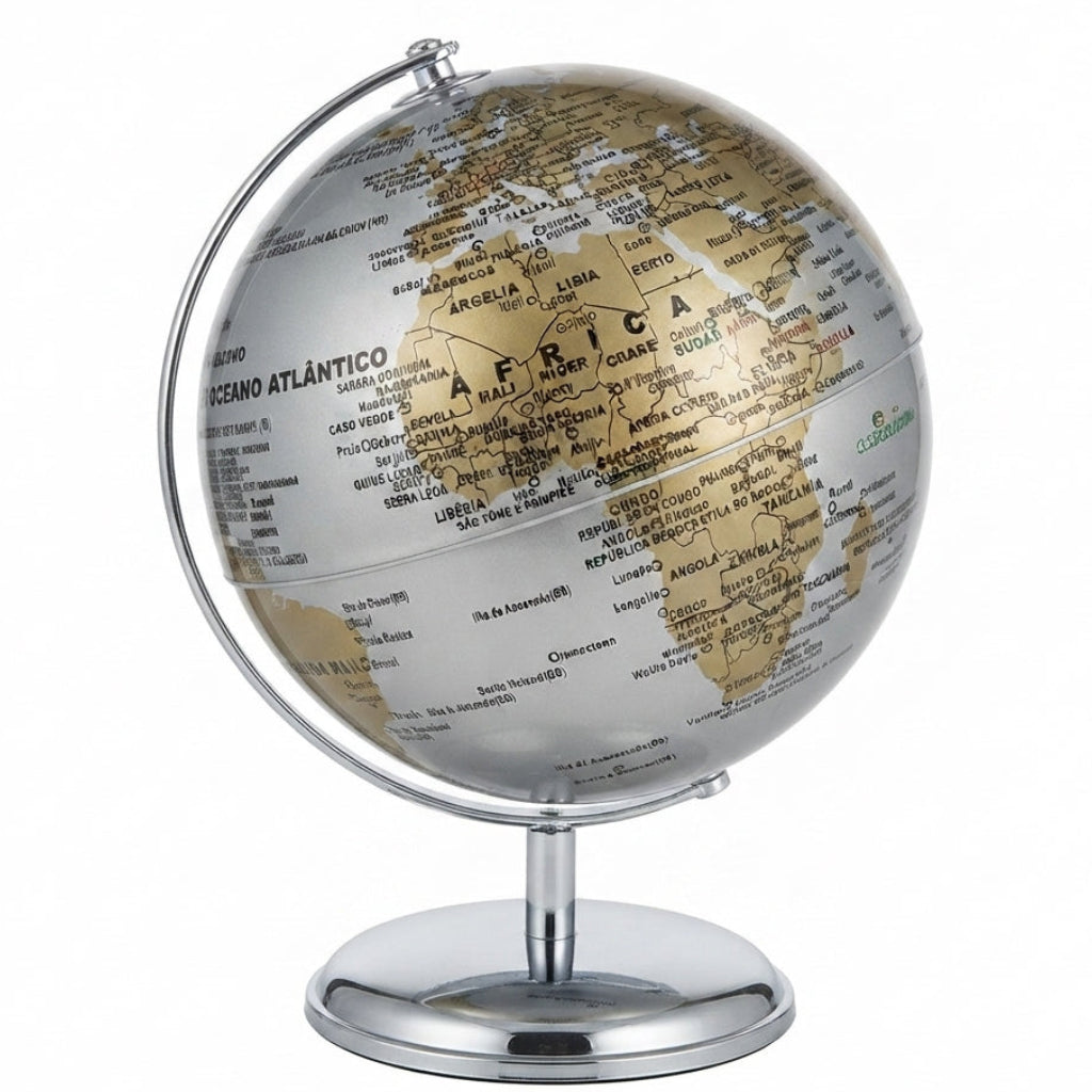 O Planeta em Alta Costura, 20cm: Globo Decorativo de Luxo Prata e Ouro - (AYC329-8)