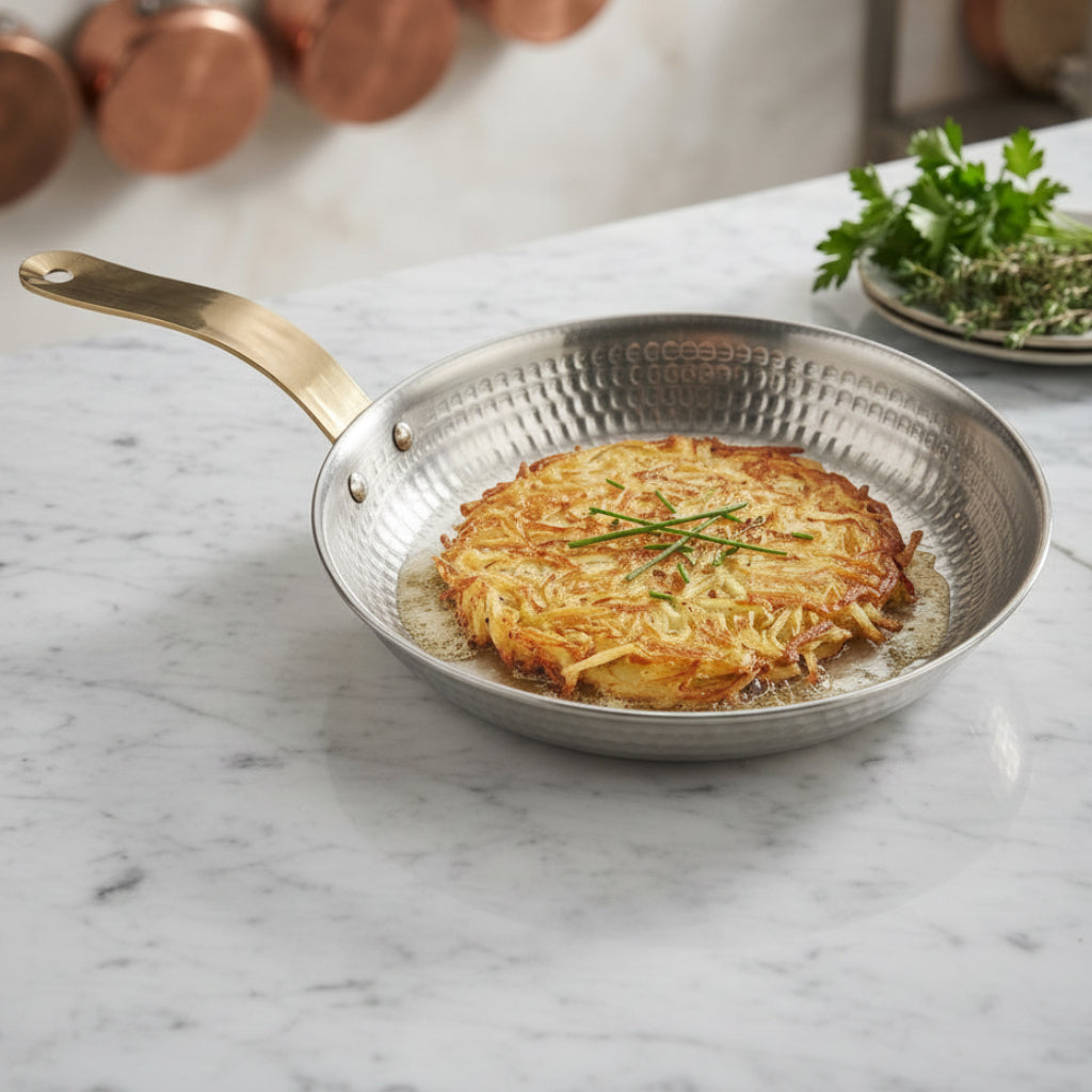 Frigideira em Aço Inox Martelado 22cm: Elegância, Durabilidade e Cabo Dourado Sofisticado - (AYD352-5)