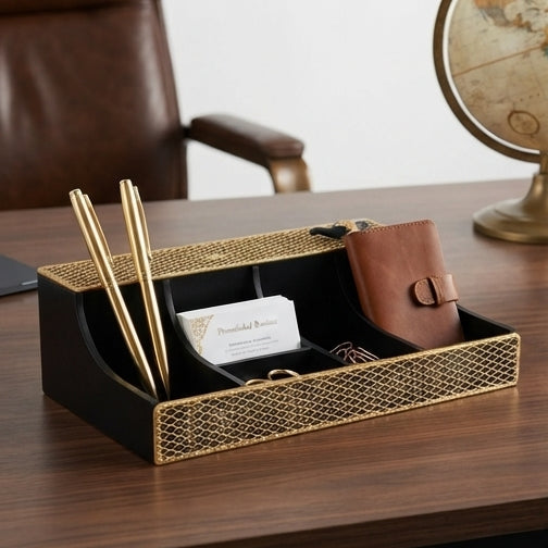 Organizador de Mesa Geométrico Black & Gold: Elegância e Organização para o Seu Espaço de Trabalho - (AYD296-11)