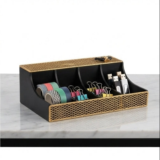 Organizador de Mesa Geométrico Black & Gold: Elegância e Organização para o Seu Espaço de Trabalho - (AYD296-11)