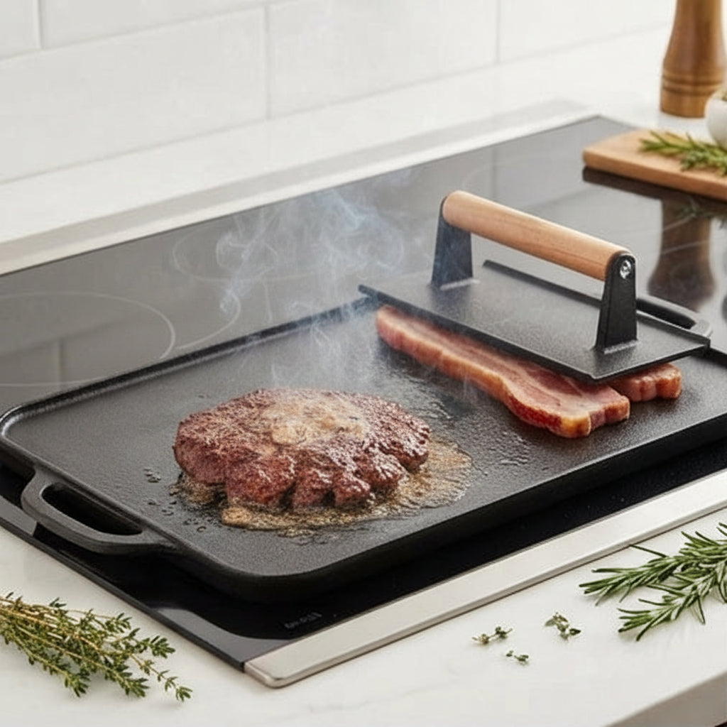 Cast Iron Grill and Meat Press: Perfect Grill Marks and Even Heat on the Griddle - (AYD241-21)
