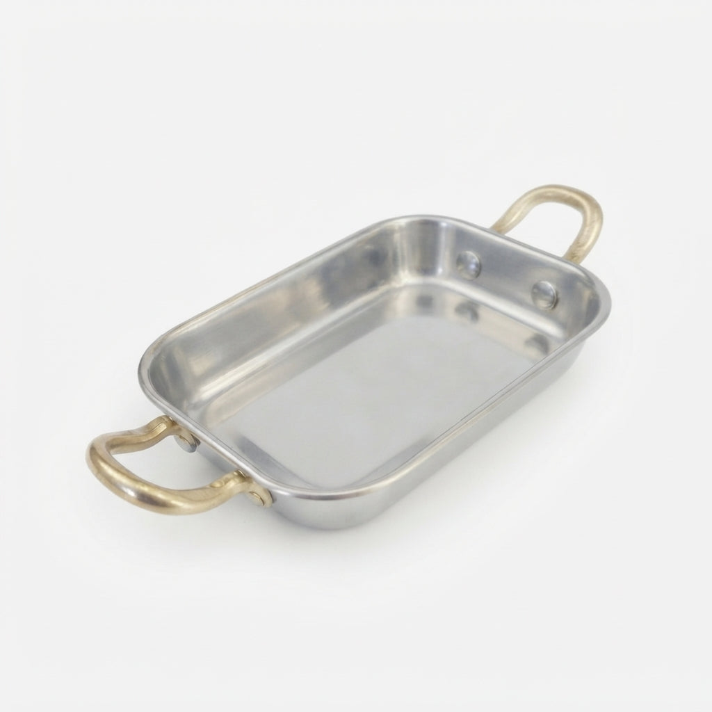 Mini Assadeira de Apresentação Retangular 12cm em Inox com Pegas Douradas: Charme e Sofisticação para Porções Individuais - (AYD352-12)