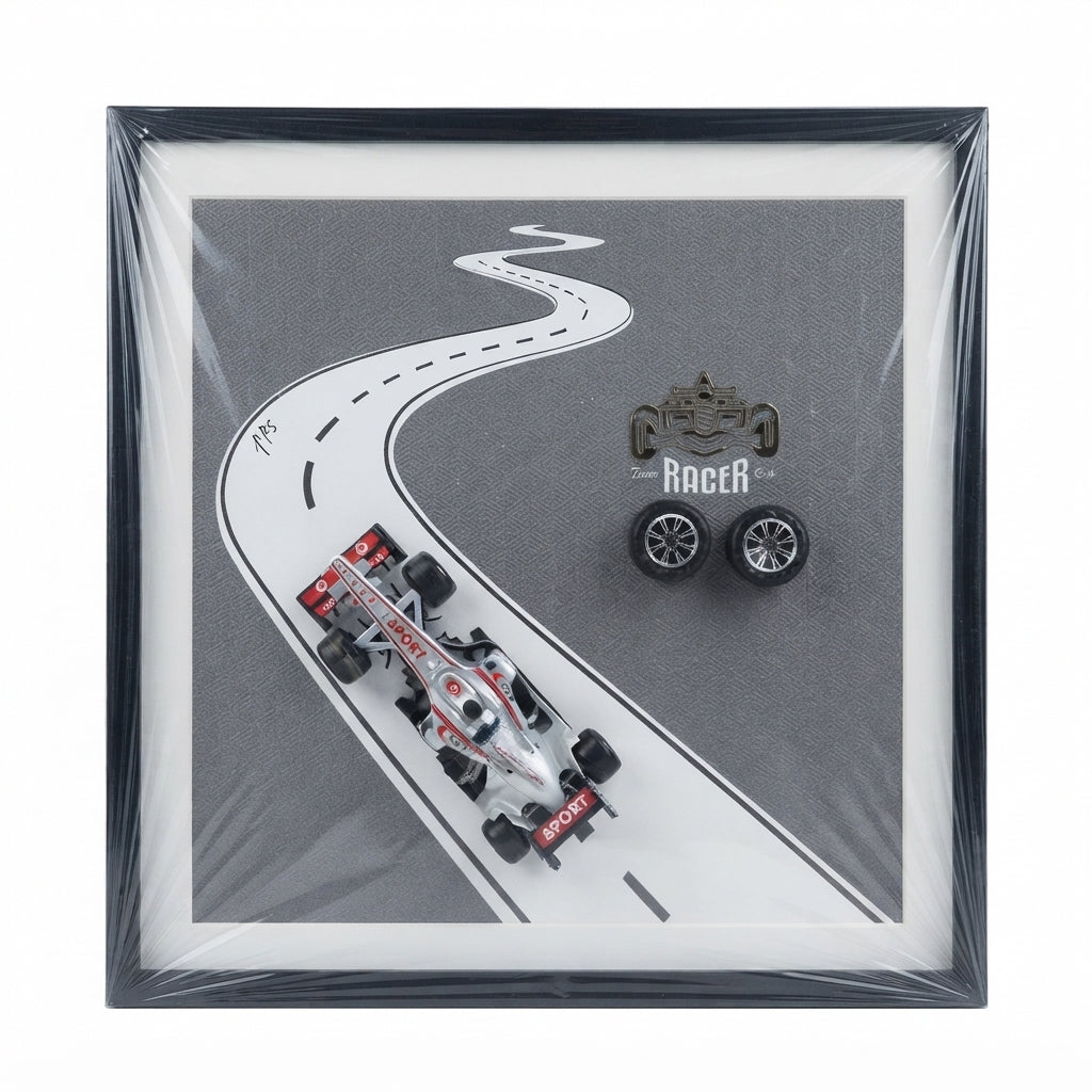Quadro Decorativo 'Team Racer', 60/60cm: Arte em Relevo de Automobilismo com Miniatura de Corrida e Pista Exclusiva - (AYD313-1)