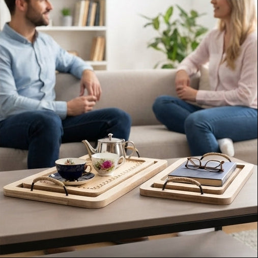 Kit de Bandejas Duplas 'Tea Time' em Madeira: Charme Rústico, Alças em Corda e Sofisticação para Servir com Estilo - (AYD296-36)