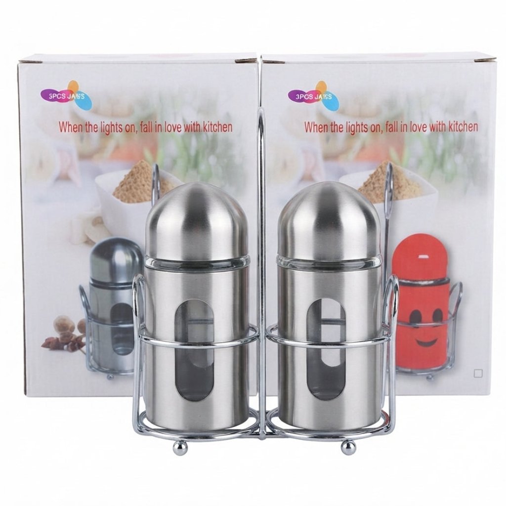 Elegância à Mesa: Conjunto de Galheteiros em Aço Inox e Vidro com Suporte - (AYD236-43)