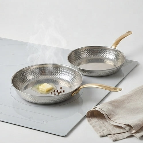Compact Stainless Steel Frying Pan 20cm: Daily Practicality, Hammered Design and Exclusive Golden Handle - (AYD352-4)