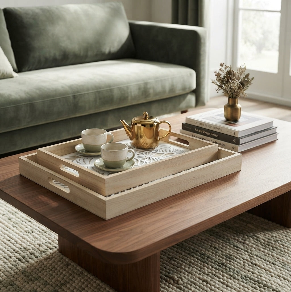 'Botanic Wood' Tray Set: Carved Foliage Design, Light Wood, and Natural Sophistication for Your Decor - (AYD296-37)