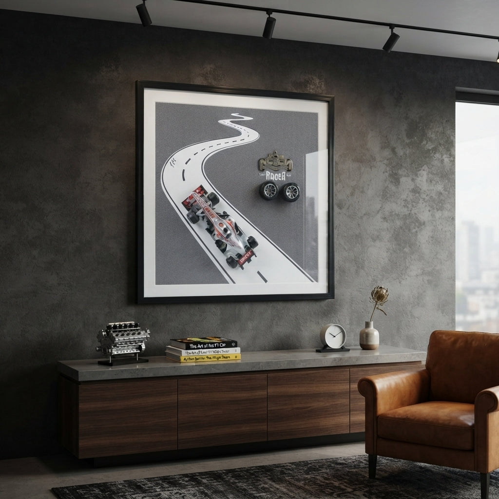 Quadro Decorativo 'Team Racer', 60/60cm: Arte em Relevo de Automobilismo com Miniatura de Corrida e Pista Exclusiva - (AYD313-1)