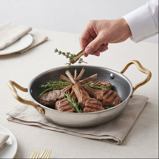Mini Frigideira Gourmet 18cm: Sofisticação em Aço Martelado e Detalhes Dourados - (AYD241-38)