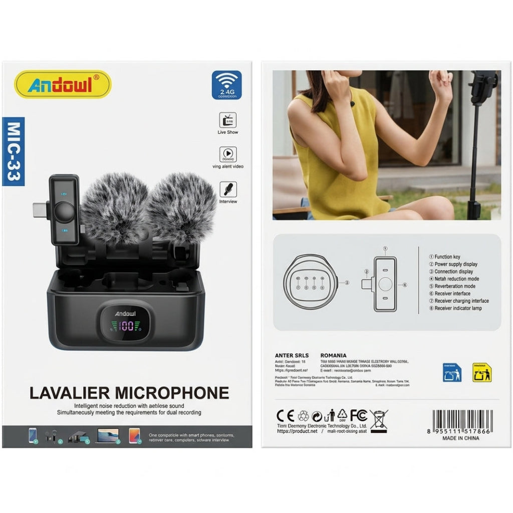 Andowl MIC-33 Dual Wireless Microphone: Professional Audio and Noise Cancellation - (AYC423-122)