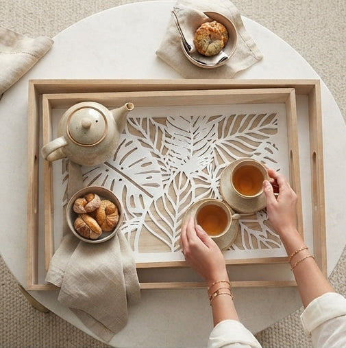 'Botanic Wood' Tray Set: Carved Foliage Design, Light Wood, and Natural Sophistication for Your Decor - (AYD296-37)