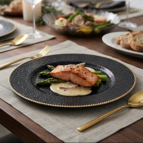 Prato de Apresentação Preto Texturizado 26cm com Borda Dourada: Sofisticação e Luxo para a Sua Mesa Posta - (AYD245-123)