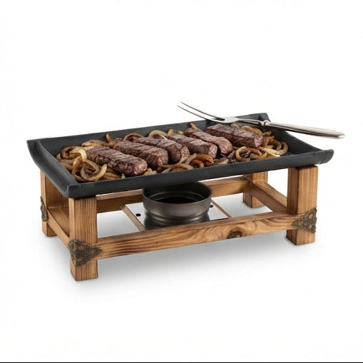 Rechaud Retangular de Ferro Fundido com Suporte de Madeira: O Charme do Aquecimento Direto à Mesa - (AYD235-80)