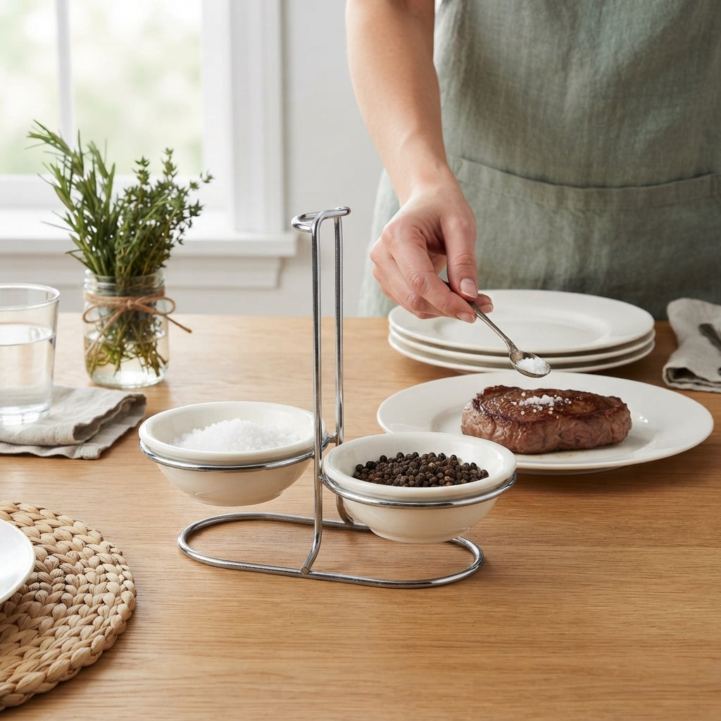 Suporte Duplo para Molhos 'Gourmet Duo': Estrutura em Inox, Tigelas de Cerâmica Branca e Elegância para a Sua Mesa - (AYD352-22)
